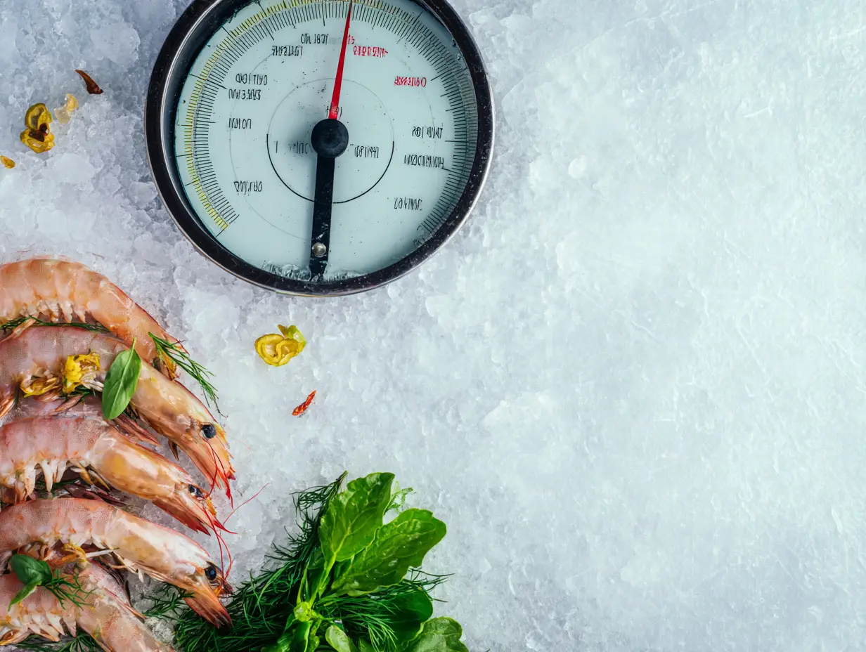 Φρέσκιες γαρίδες πάνω σε πάγο με ζυγαριά και μυρωδικά
