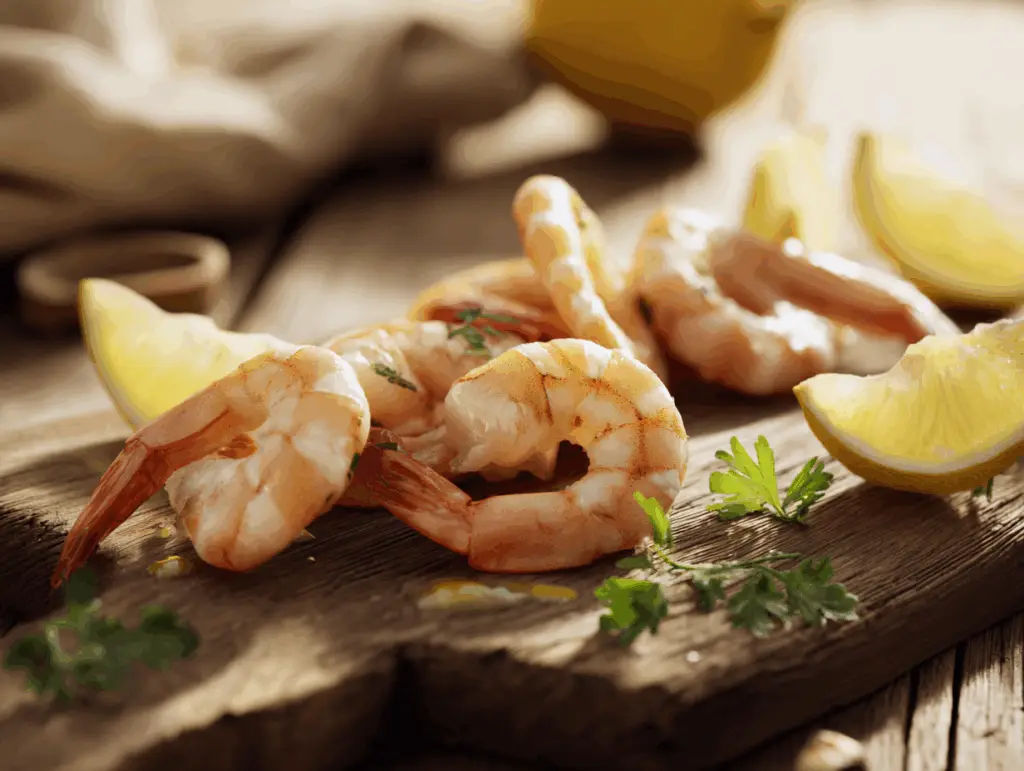 Ζουμερές ψημένες γαρίδες σε ξύλινο ταψί με λεμόνι και φρέσκο μαϊντανό, ζεστό φυσικό φως καλοκαιριού.