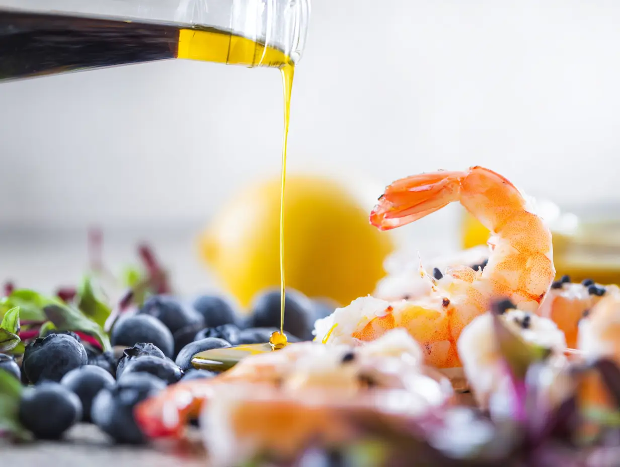 Γαρίδα με μύρτιλα και ελαιόλαδο σε υγιεινή παρουσίαση