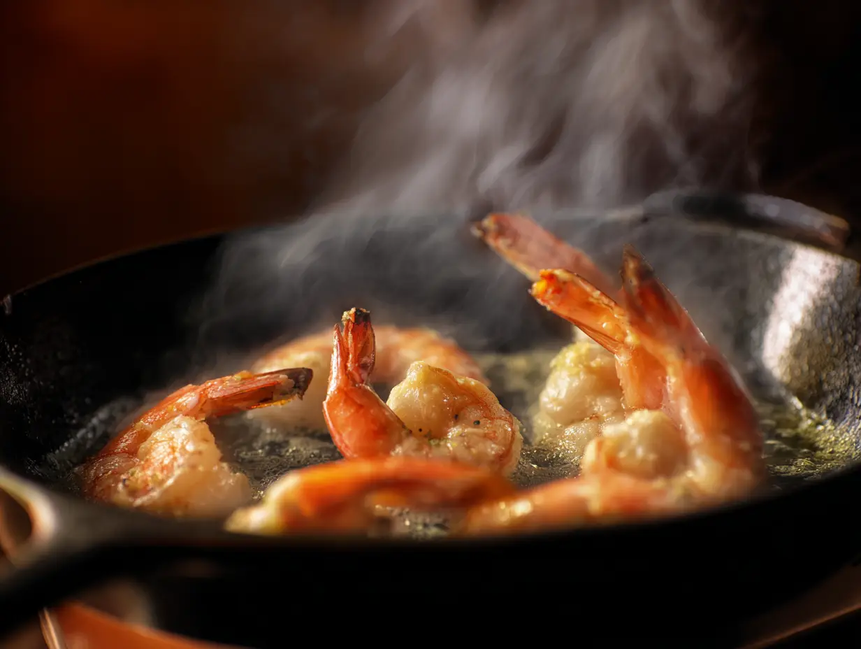 Γαρίδες που ψήνονται σε τηγάνι με σκόρδο και λάδι