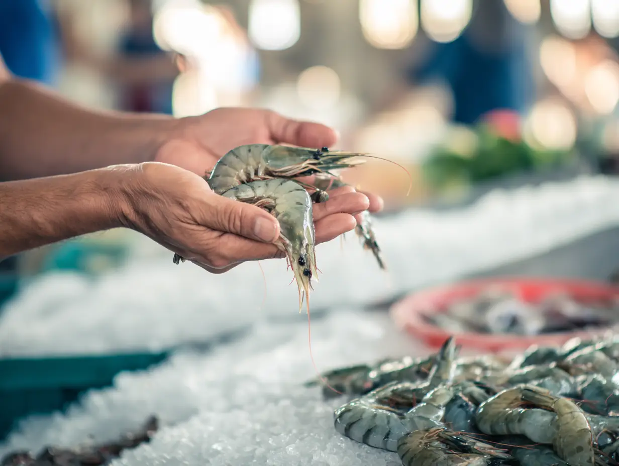 Χέρια πωλητή με φρέσκες γαρίδες σε πάγκο ψαραγοράς πάνω σε πάγο