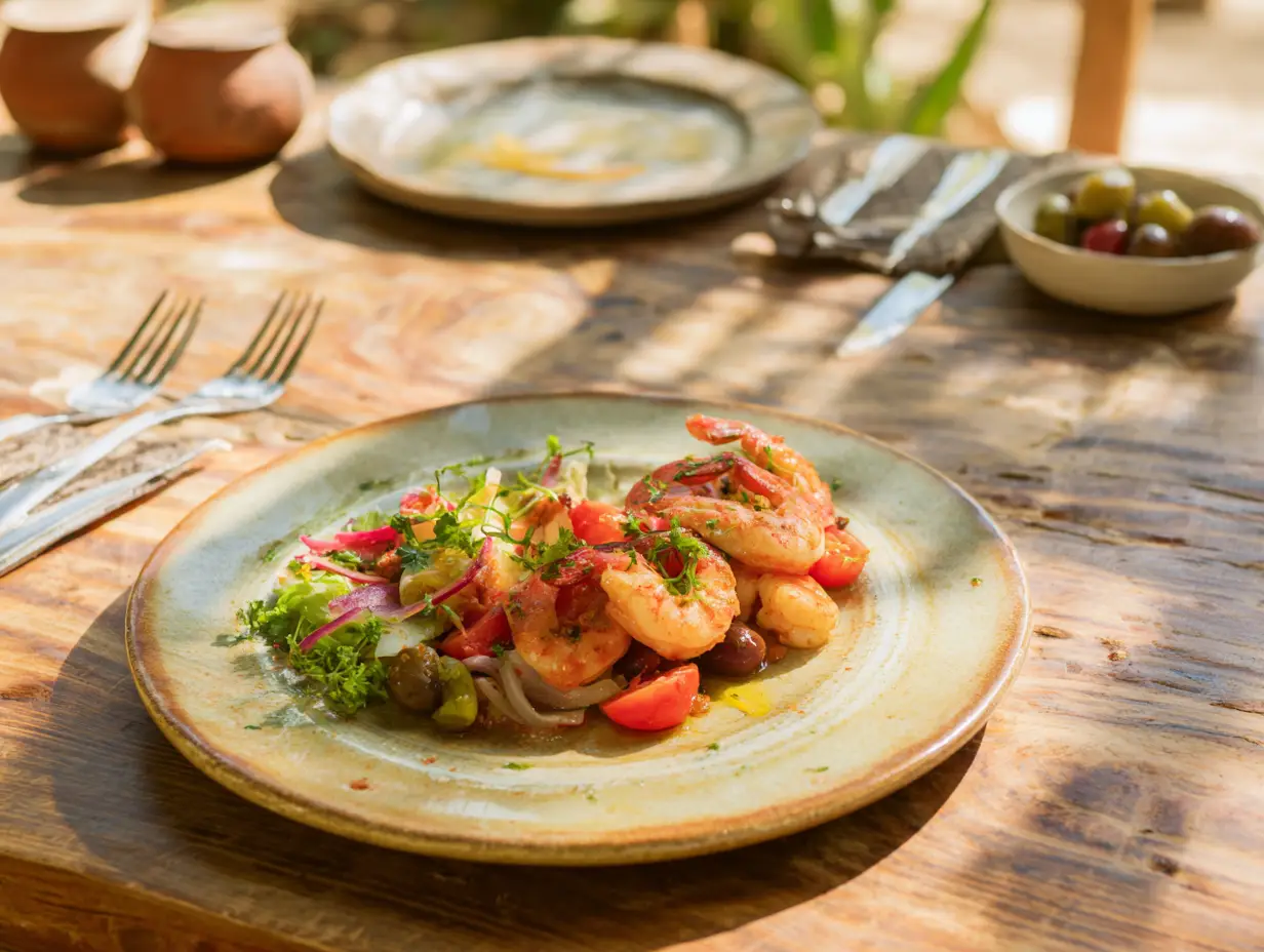 Μαγειρεμένες γαρίδες σε πιάτο με σαλάτα και λεμόνι σε ξύλινο τραπέζι