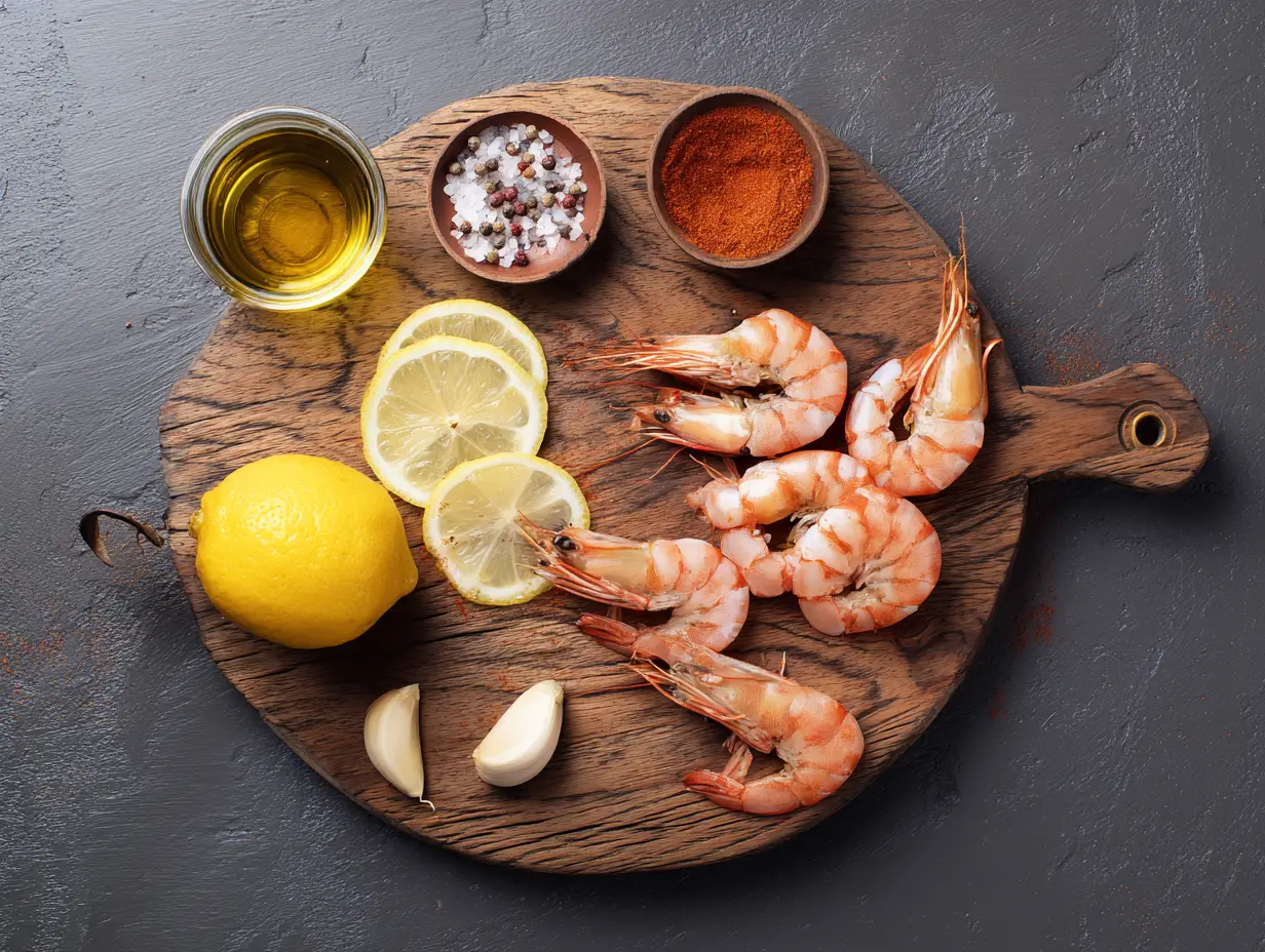 Γαρίδες με λεμόνι, σκόρδο, ελαιόλαδο και πάπρικα σε ξύλινο σκεύος