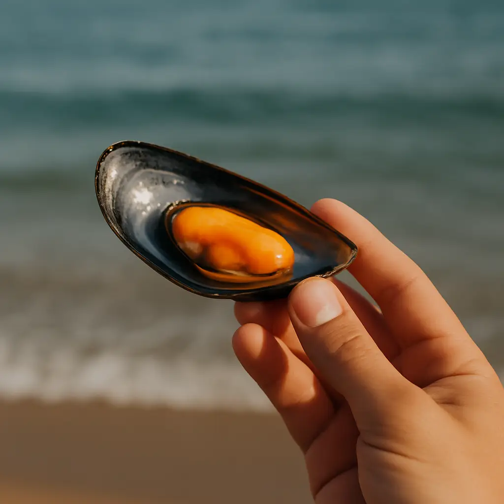 Χέρι που κρατάει ένα μύδι μπροστά στη θάλασσα