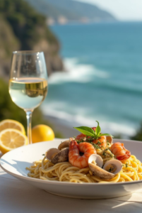 Πιάτο μακαρονάδα με γαρίδες, μύδια και λευκό κρασί