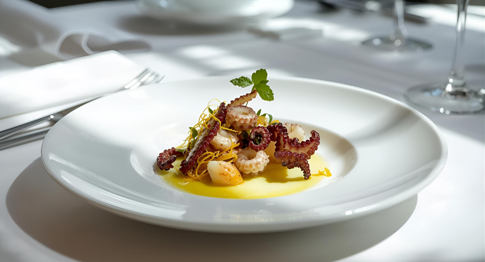 Μοντέρνο πιάτο θαλασσινών σε λευκό πορσελάνινο πιάτο