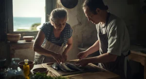 Παραδοσιακό ζευγάρι καθαρίζει φρέσκα ψάρια σε παραθαλάσσιο σπίτι