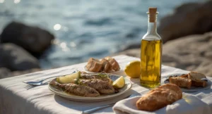 Φρέσκο ψάρι σε τραπέζι με ελαιόλαδο, λεμόνι και ψωμί δίπλα στη θάλασσα