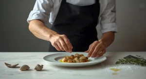 Σεφ ετοιμάζει πιάτο θαλασσινών με προσοχή σε κουζίνα εστιατορίου