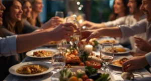 Παρέα σε γιορτινό τραπέζι τσουγκρίζει ποτήρια
